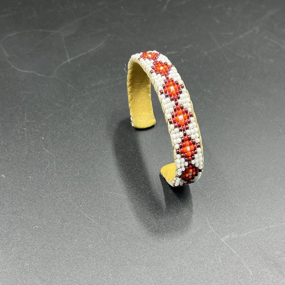 Native American Beaded Leather Red & White Seed Beads Baby/Childs Cuff Bracelet